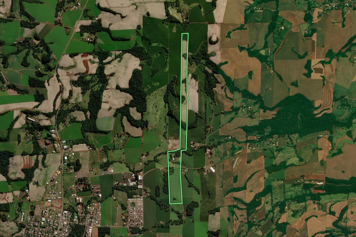 Imagem de satélite do imóvel rural em São Jorge d'Oeste (PR), com o contorno declarado no CAR desenhado por cima.