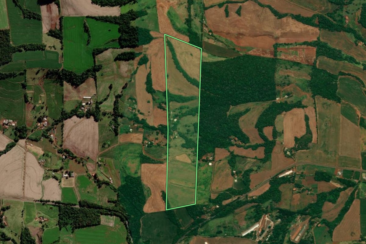 Imagem de satélite do imóvel rural em São Jorge d'Oeste (PR), com o contorno declarado no CAR desenhado por cima.