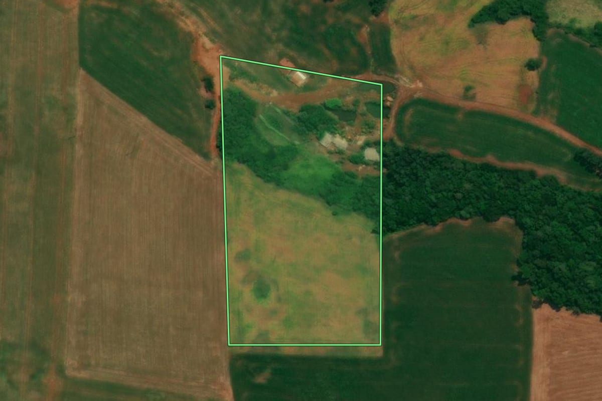 Imagem de satélite do imóvel rural em São Jorge d'Oeste (PR), com o contorno declarado no CAR desenhado por cima.