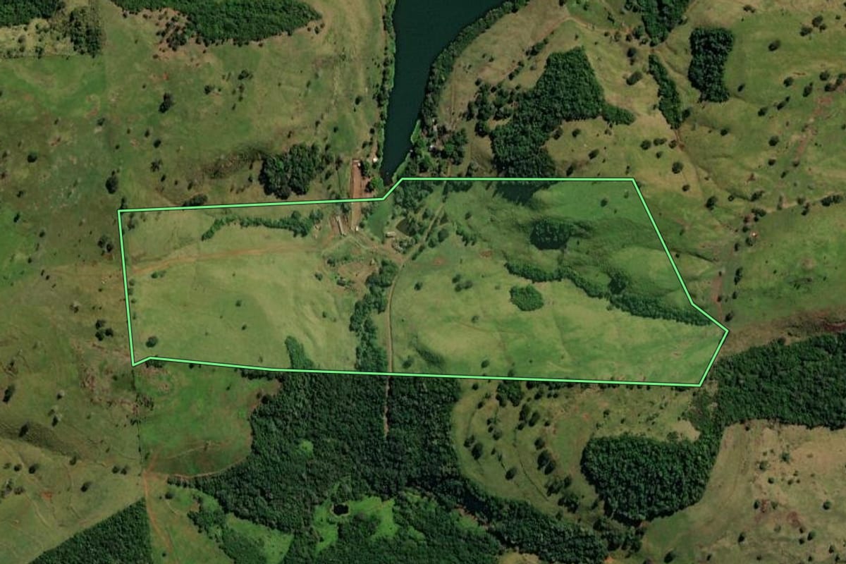 Imagem de satélite do imóvel rural em São Jorge d'Oeste (PR), com o contorno declarado no CAR desenhado por cima.