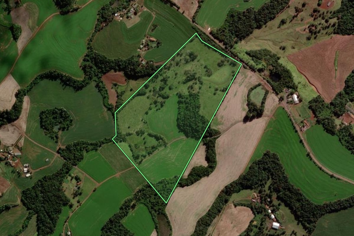 Imagem de satélite do imóvel rural em São Jorge d'Oeste (PR), com o contorno declarado no CAR desenhado por cima.