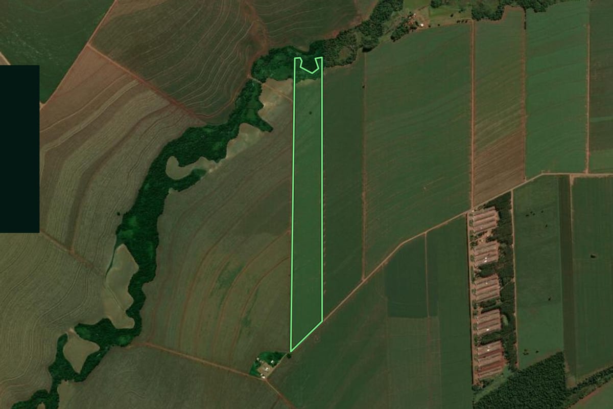 Imagem de satélite do imóvel rural em São Jorge do Ivaí (PR), com o contorno declarado no CAR desenhado por cima.