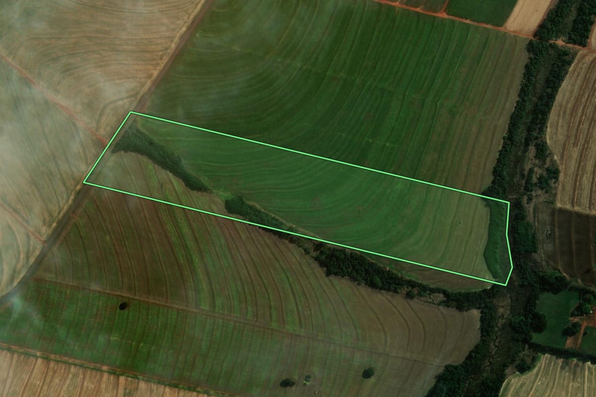 Imagem de satélite do imóvel rural em São Jorge do Ivaí (PR), com o contorno declarado no CAR desenhado por cima.