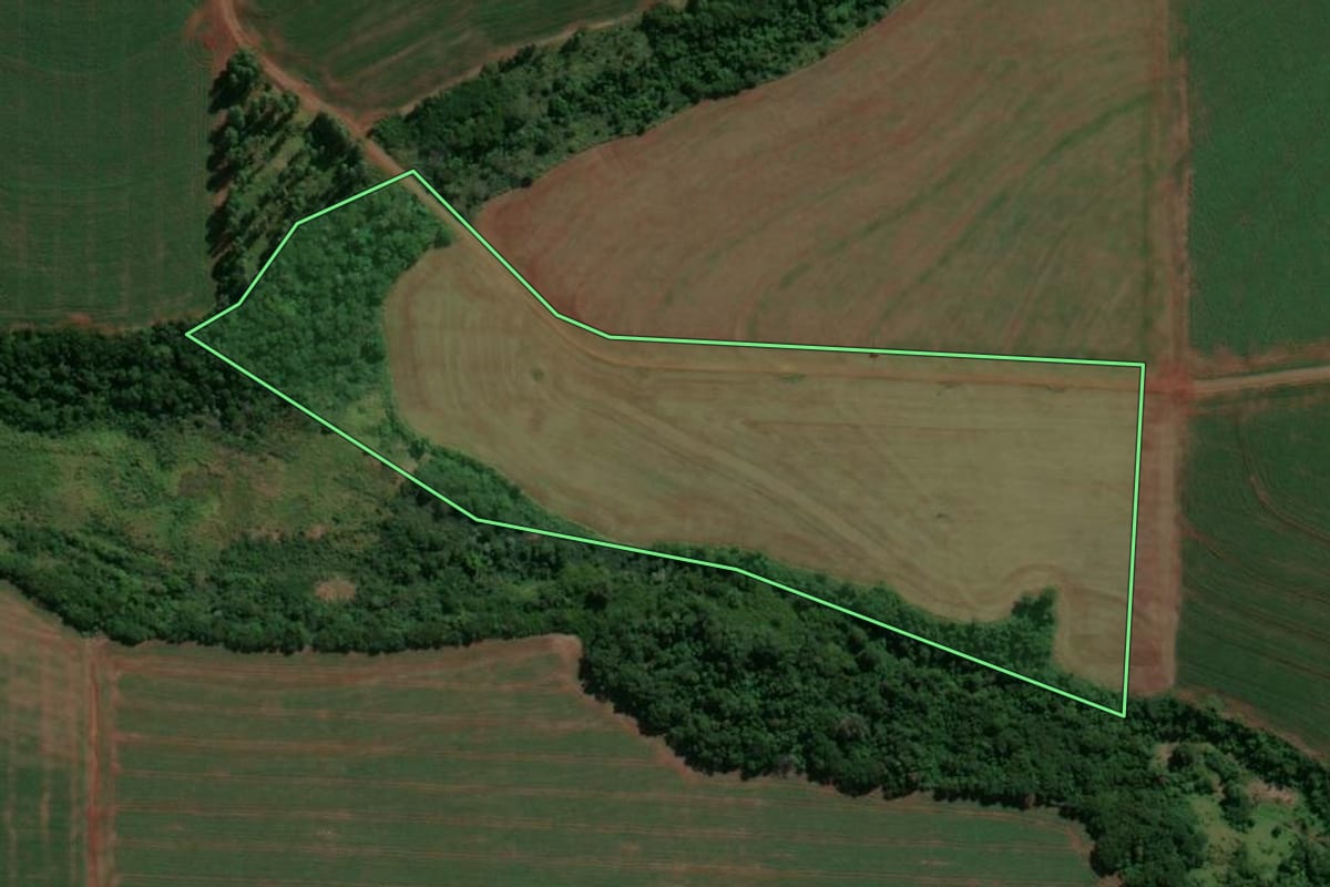Imagem de satélite do imóvel rural em São Jorge do Ivaí (PR), com o contorno declarado no CAR desenhado por cima.