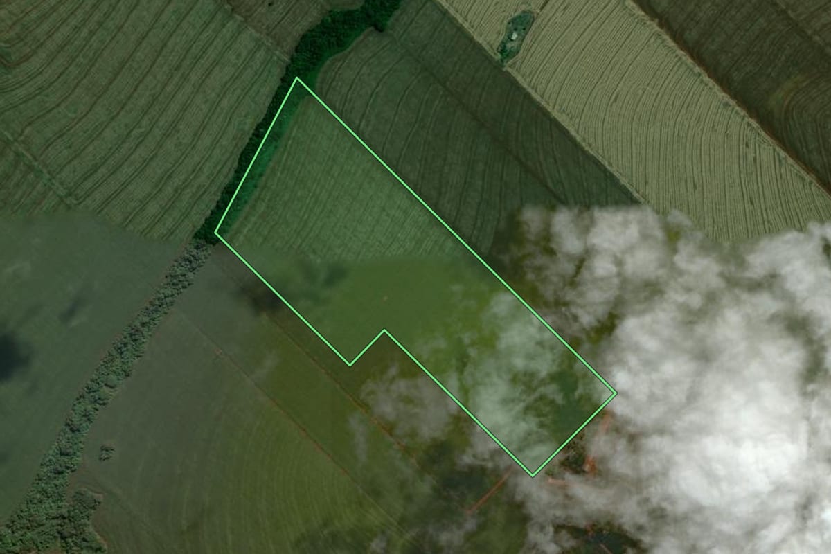 Imagem de satélite do imóvel rural em São Jorge do Ivaí (PR), com o contorno declarado no CAR desenhado por cima.