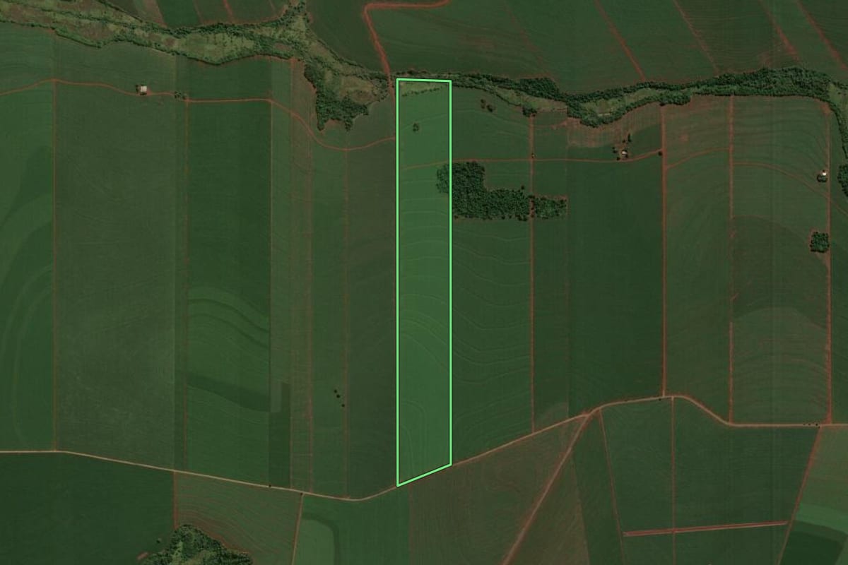 Imagem de satélite do imóvel rural em São Jorge do Ivaí (PR), com o contorno declarado no CAR desenhado por cima.