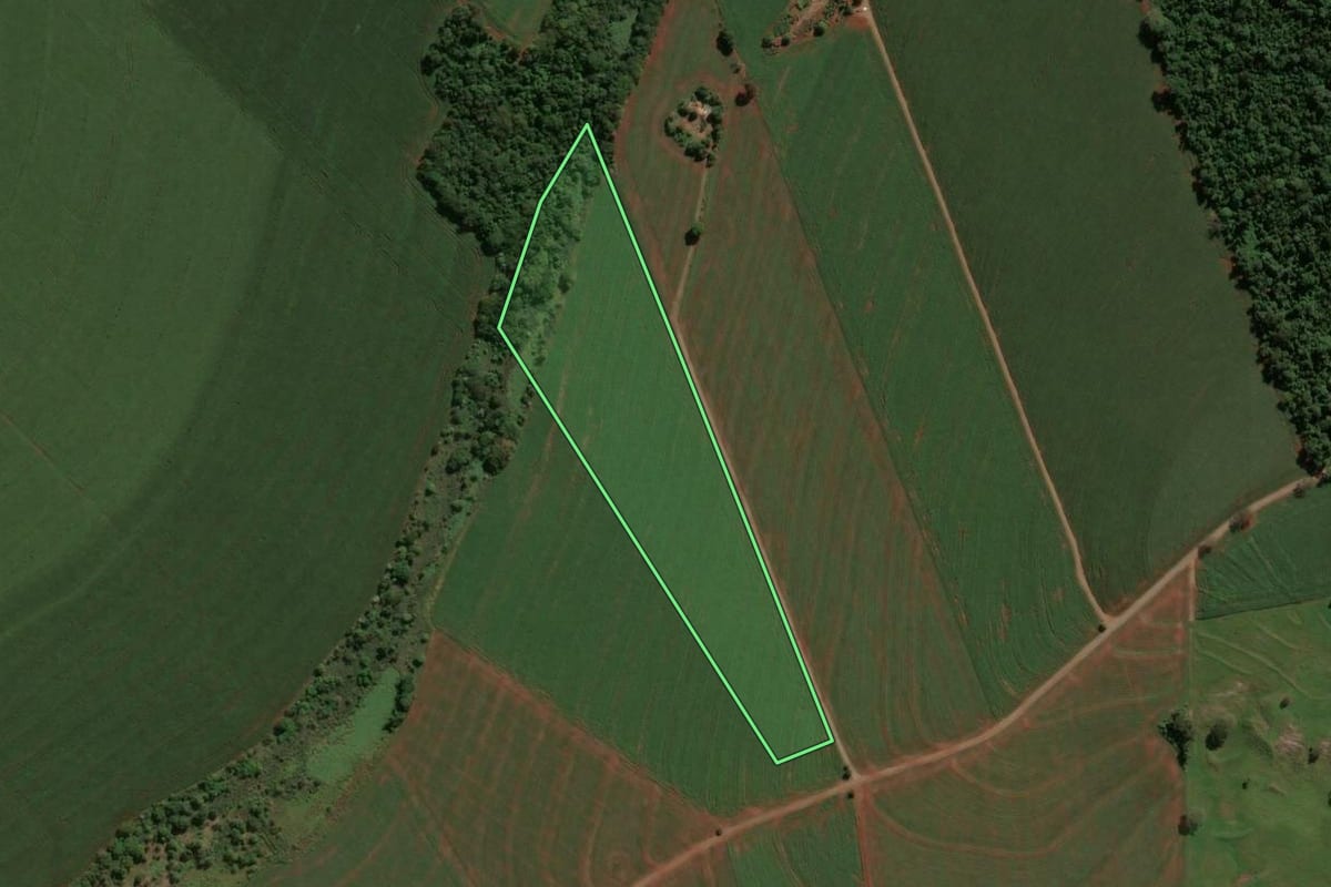 Imagem de satélite do imóvel rural em São Jorge do Ivaí (PR), com o contorno declarado no CAR desenhado por cima.
