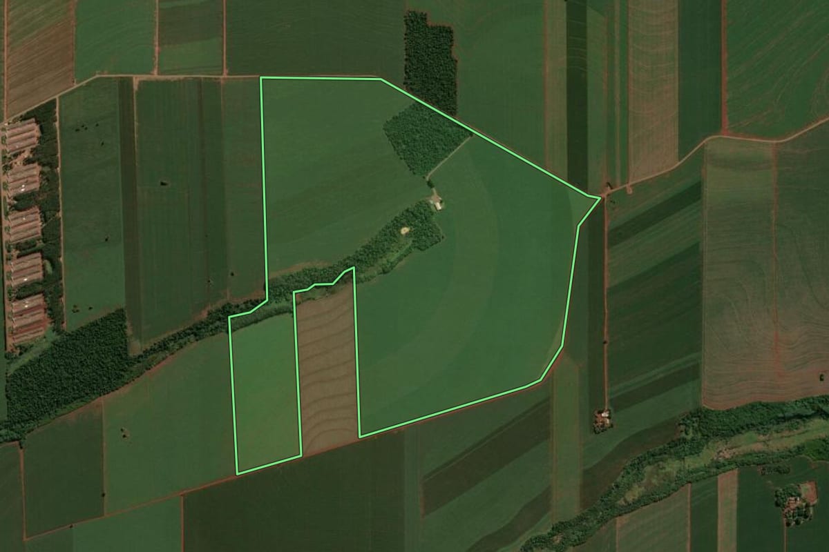 Imagem de satélite do imóvel rural em São Jorge do Ivaí (PR), com o contorno declarado no CAR desenhado por cima.