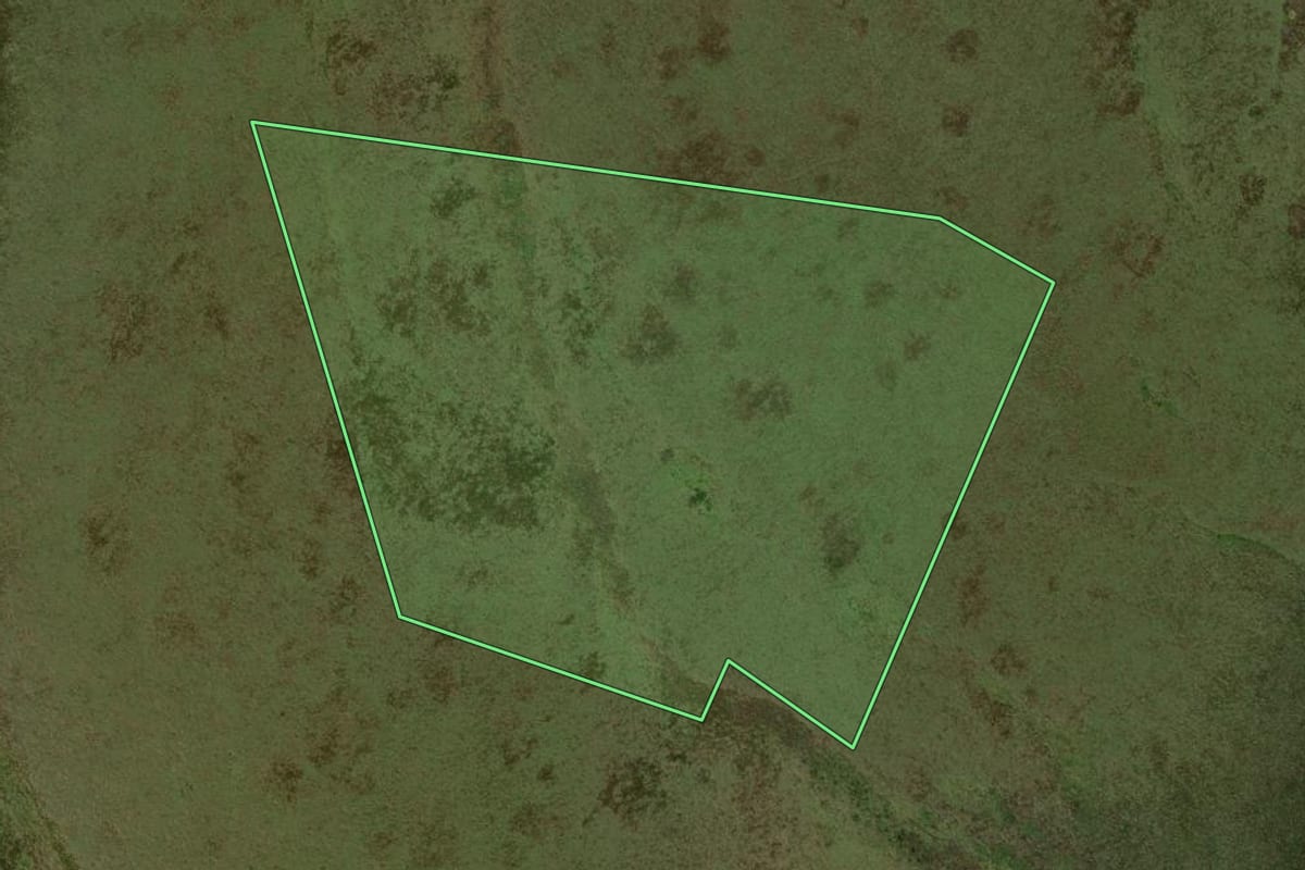 Imagem de satélite do imóvel rural em São Jorge do Patrocínio (PR), com o contorno declarado no CAR desenhado por cima.