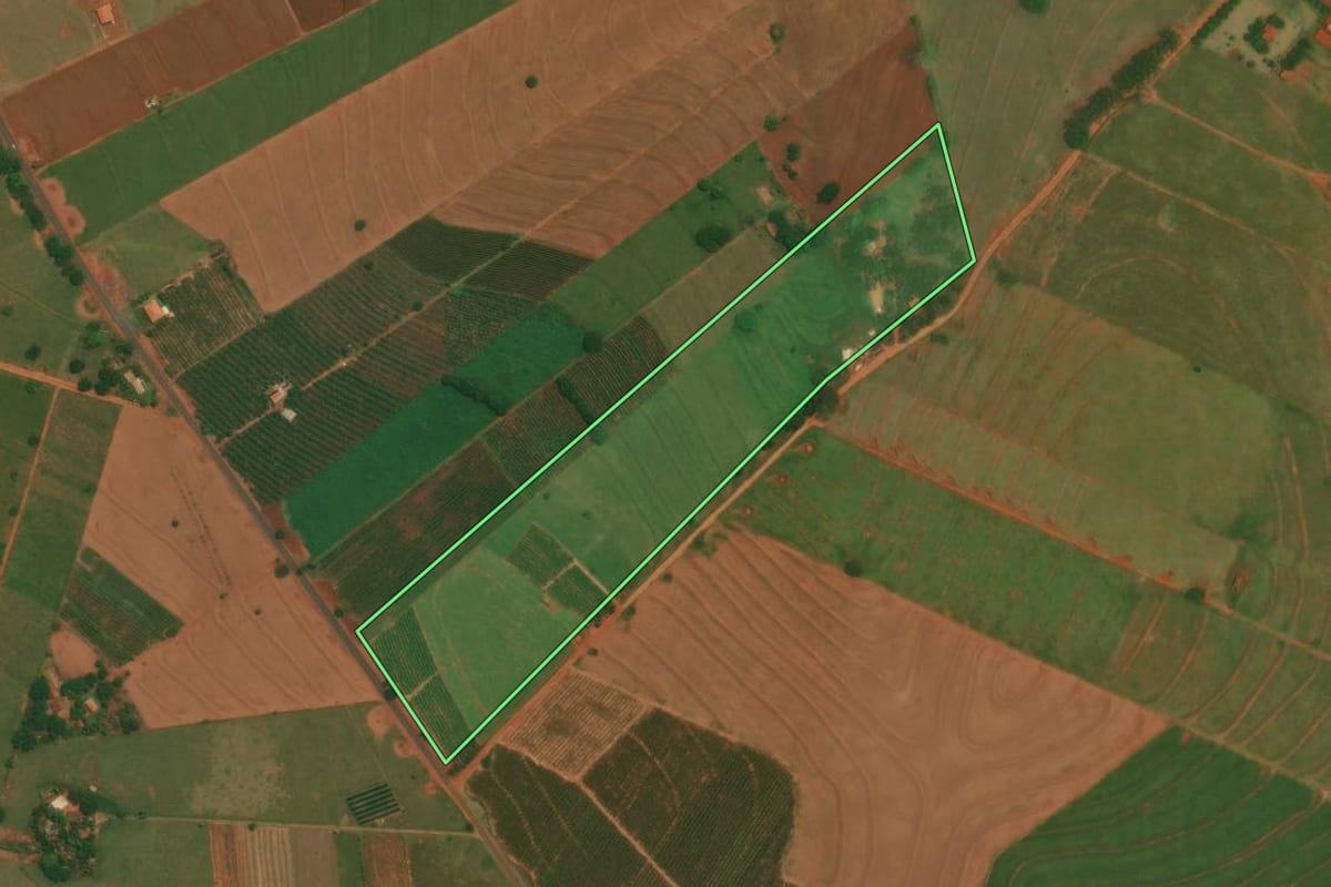 Imagem de satélite do imóvel rural em São Jorge do Patrocínio (PR), com o contorno declarado no CAR desenhado por cima.