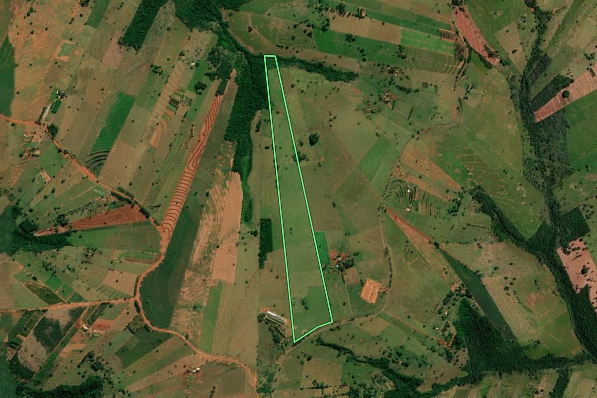 Imagem de satélite do imóvel rural em São Jorge do Patrocínio (PR), com o contorno declarado no CAR desenhado por cima.