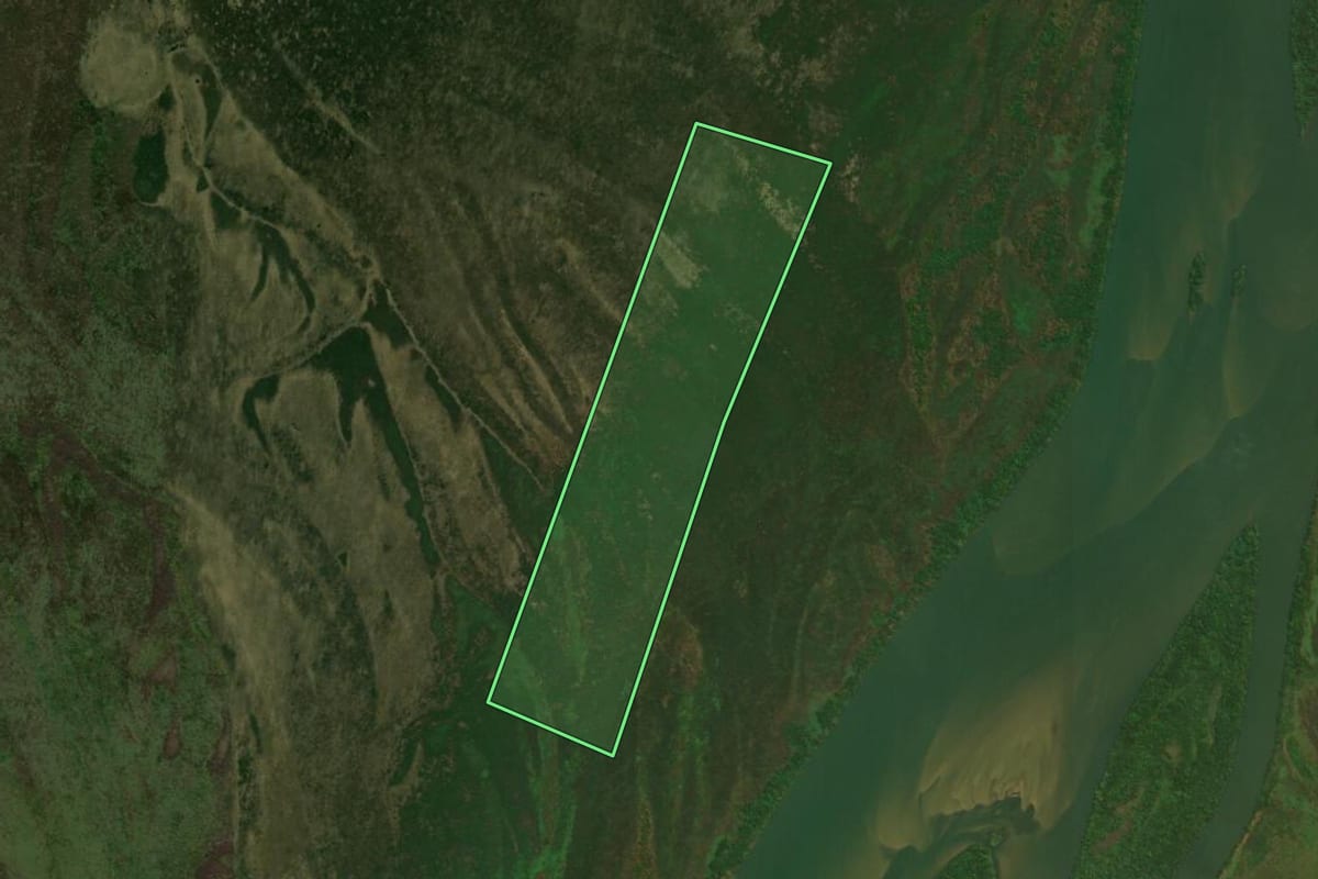 Imagem de satélite do imóvel rural em São Jorge do Patrocínio (PR), com o contorno declarado no CAR desenhado por cima.