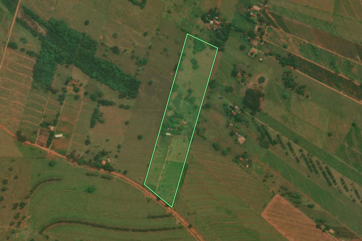Imagem de satélite do imóvel rural em São Jorge do Patrocínio (PR), com o contorno declarado no CAR desenhado por cima.