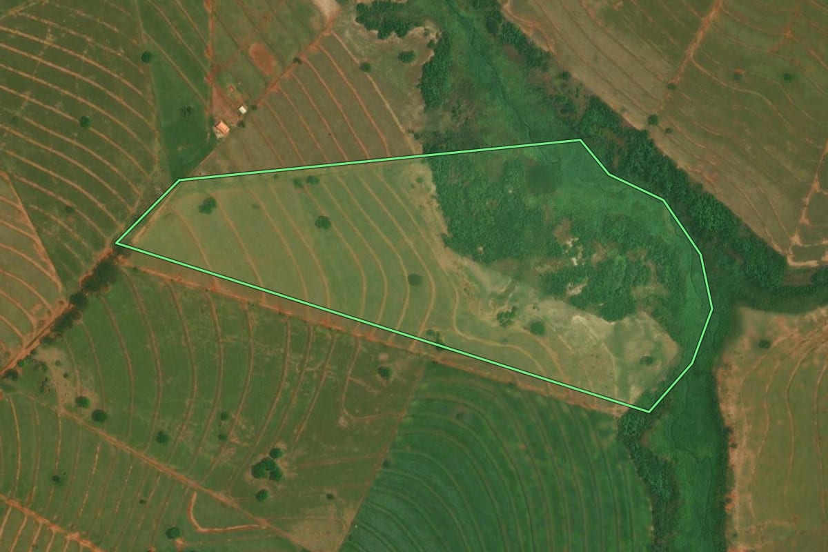 Imagem de satélite do imóvel rural em São Jorge do Patrocínio (PR), com o contorno declarado no CAR desenhado por cima.