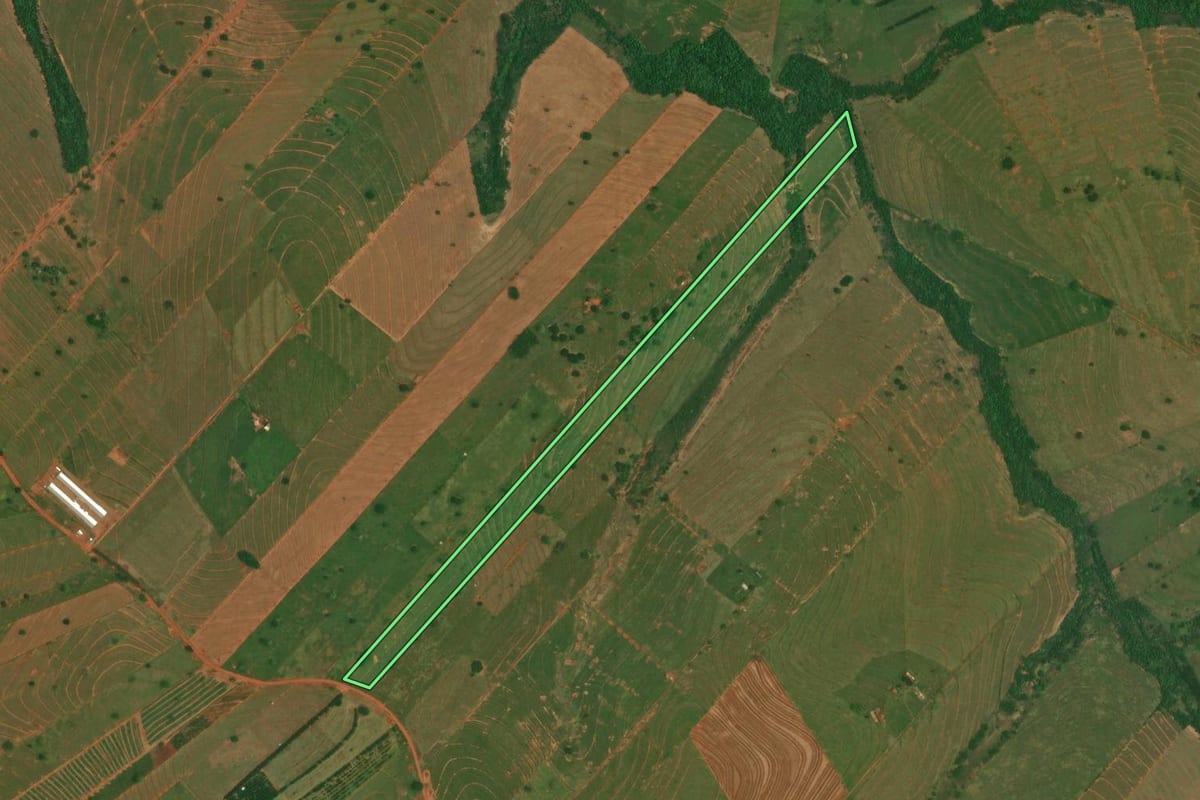 Imagem de satélite do imóvel rural em São Jorge do Patrocínio (PR), com o contorno declarado no CAR desenhado por cima.