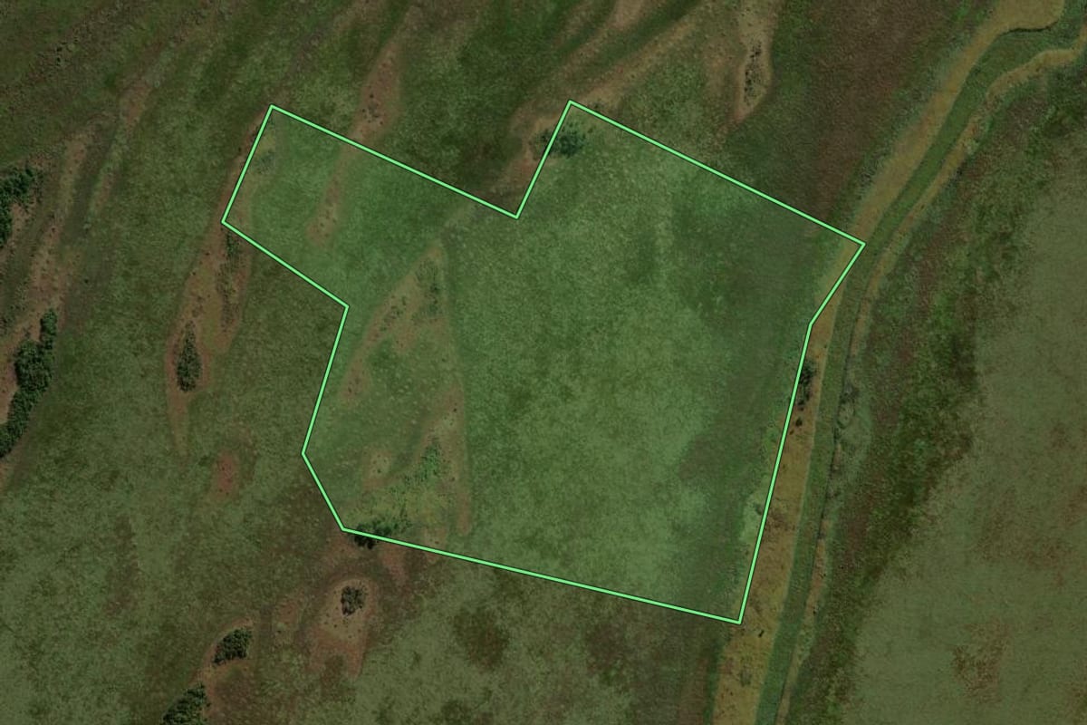 Imagem de satélite do imóvel rural em São Jorge do Patrocínio (PR), com o contorno declarado no CAR desenhado por cima.