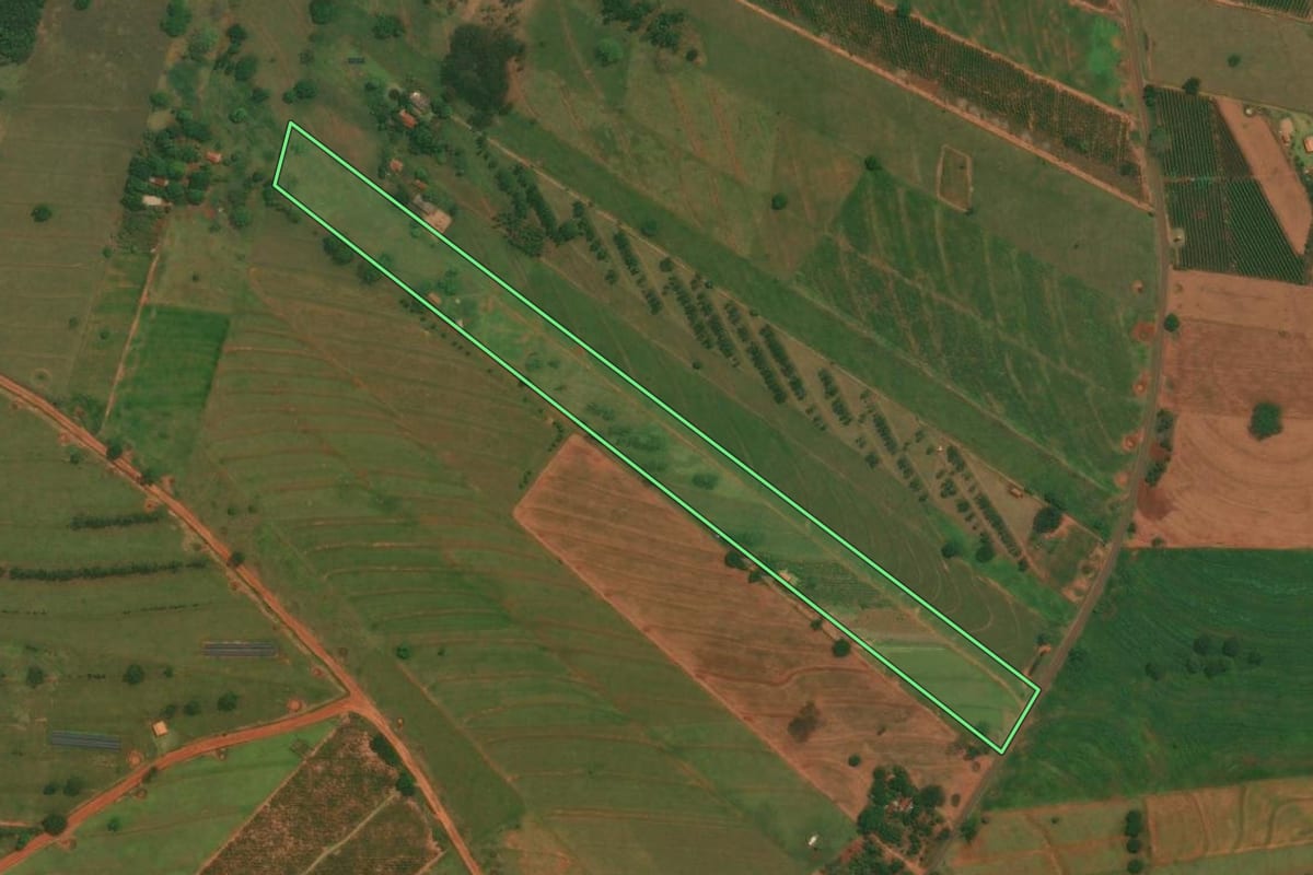 Imagem de satélite do imóvel rural em São Jorge do Patrocínio (PR), com o contorno declarado no CAR desenhado por cima.