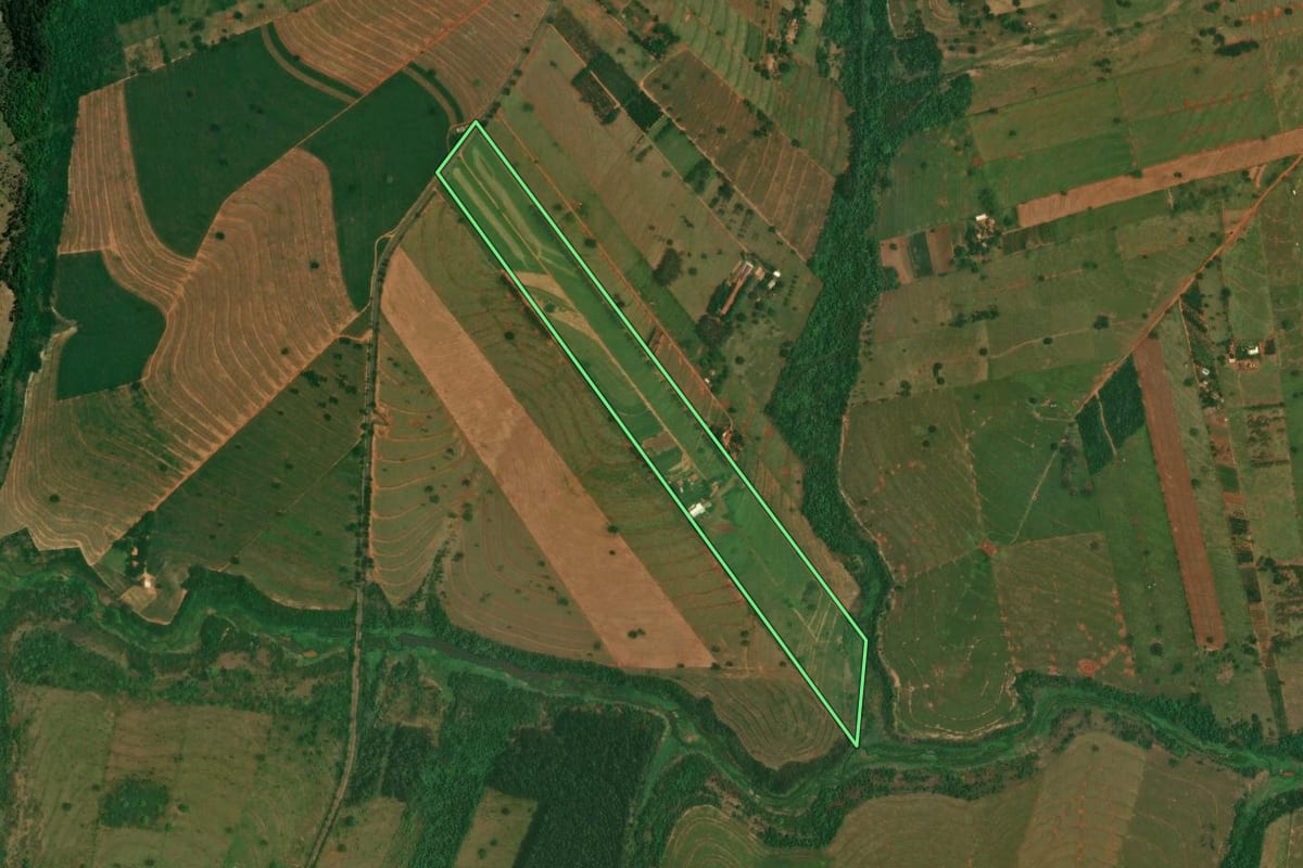 Imagem de satélite do imóvel rural em São Jorge do Patrocínio (PR), com o contorno declarado no CAR desenhado por cima.