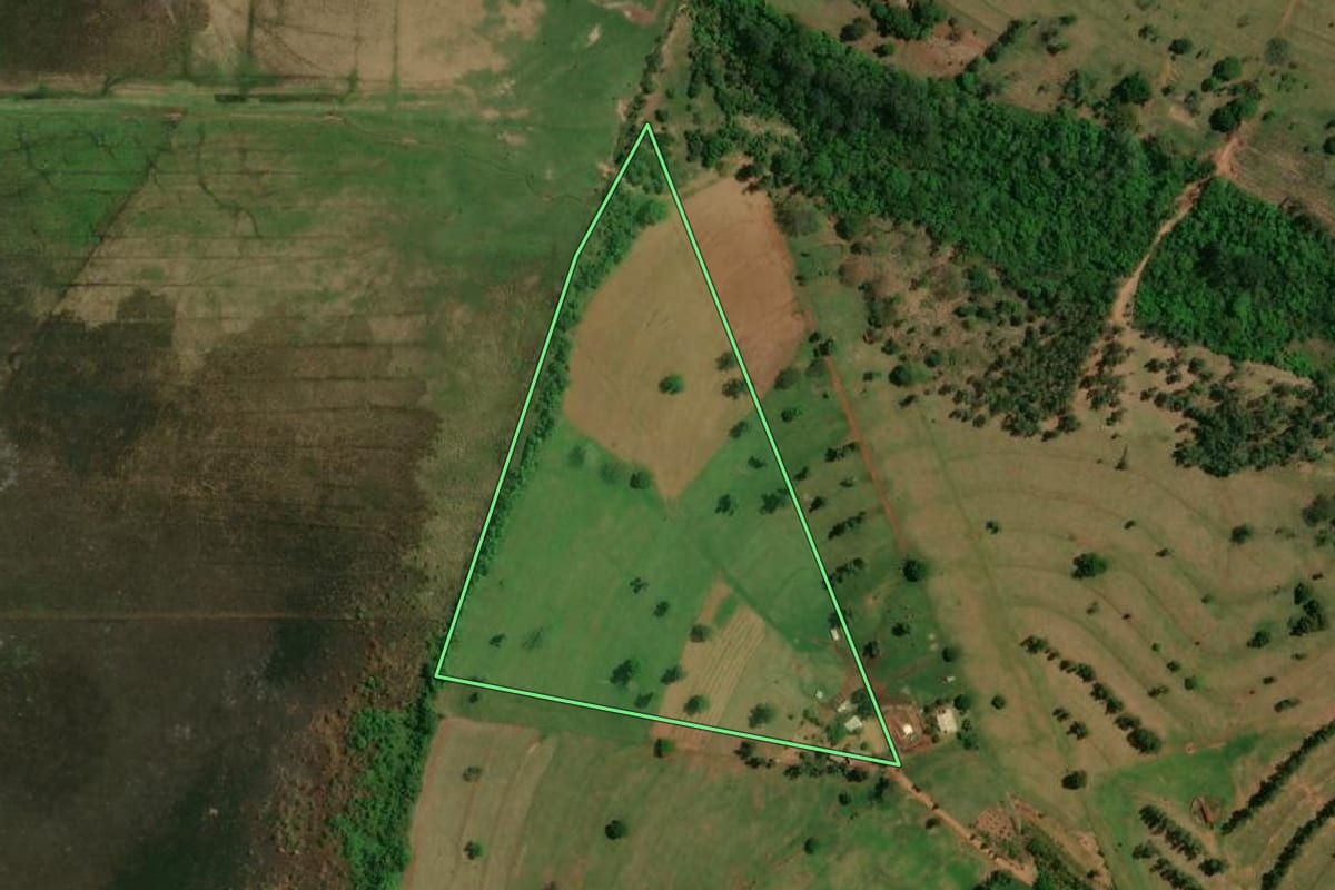 Imagem de satélite do imóvel rural em São Jorge do Patrocínio (PR), com o contorno declarado no CAR desenhado por cima.