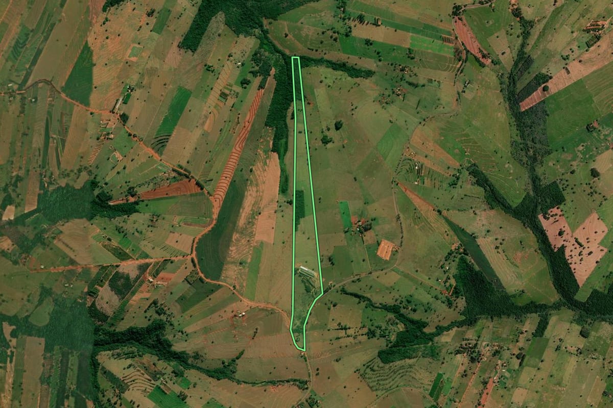 Imagem de satélite do imóvel rural em São Jorge do Patrocínio (PR), com o contorno declarado no CAR desenhado por cima.