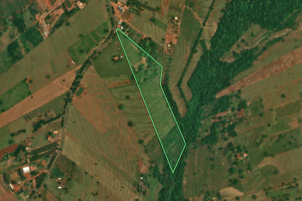 Imagem de satélite do imóvel rural em São Jorge do Patrocínio (PR), com o contorno declarado no CAR desenhado por cima.