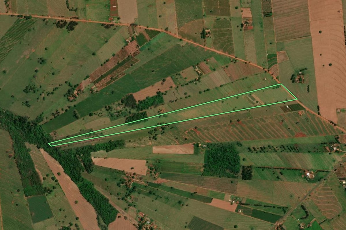 Imagem de satélite do imóvel rural em São Jorge do Patrocínio (PR), com o contorno declarado no CAR desenhado por cima.