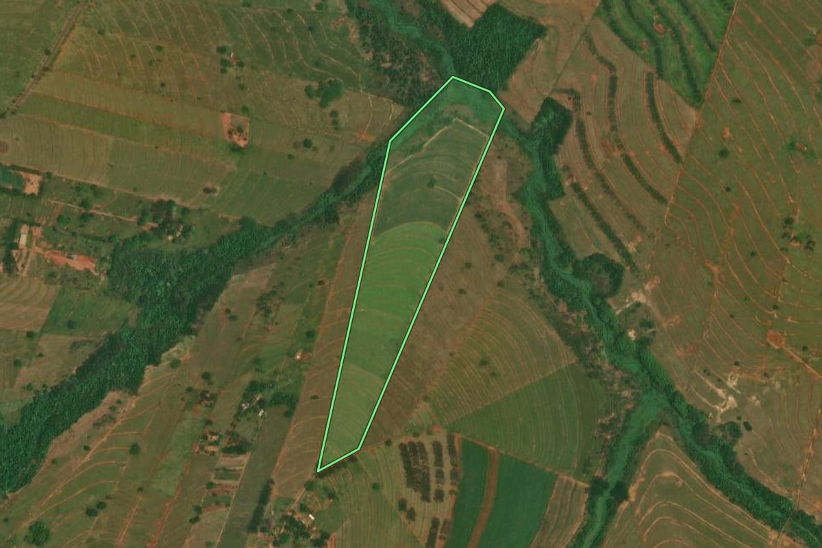 Imagem de satélite do imóvel rural em São Jorge do Patrocínio (PR), com o contorno declarado no CAR desenhado por cima.