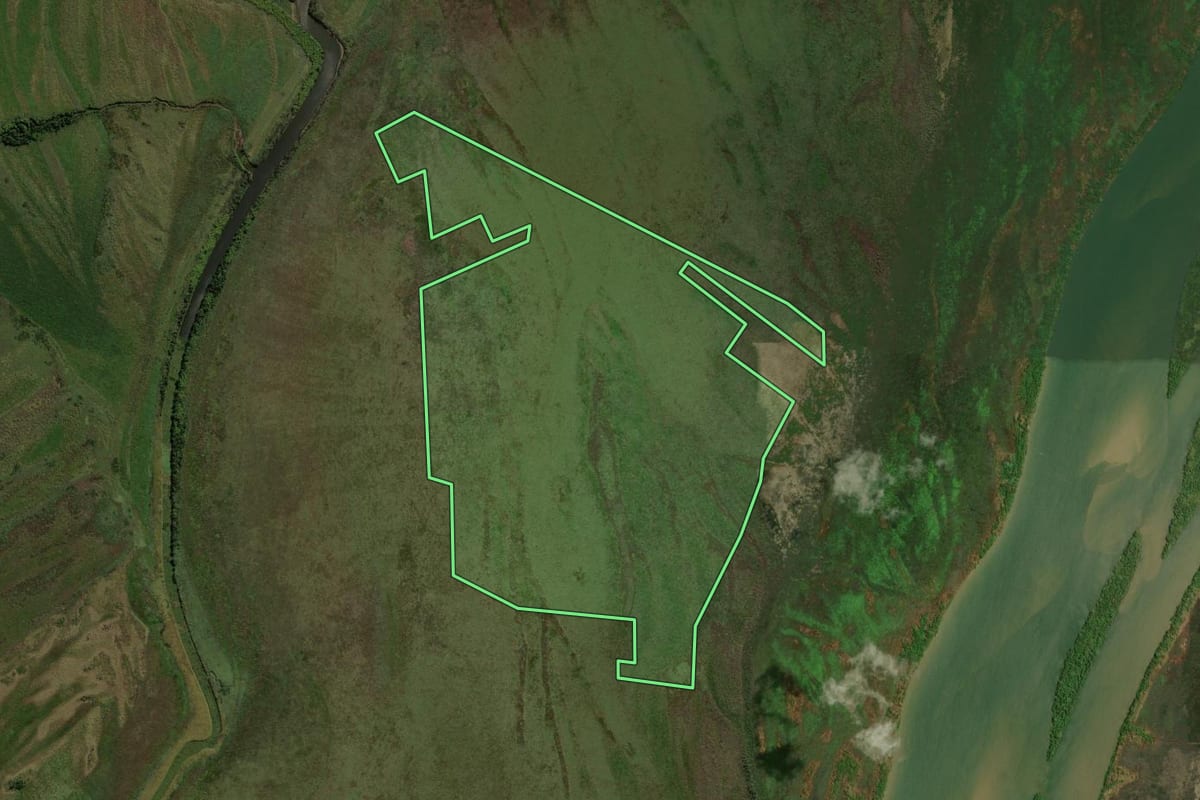 Imagem de satélite do imóvel rural em São Jorge do Patrocínio (PR), com o contorno declarado no CAR desenhado por cima.