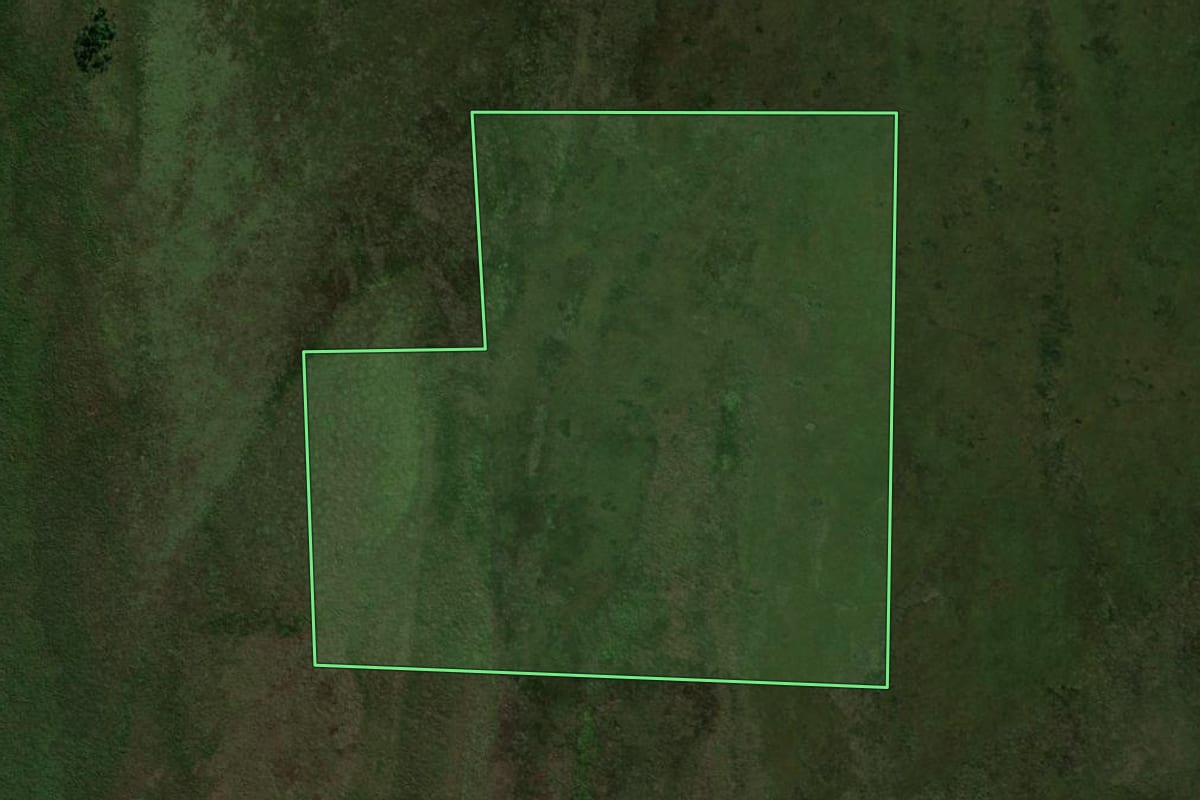 Imagem de satélite do imóvel rural em São Jorge do Patrocínio (PR), com o contorno declarado no CAR desenhado por cima.