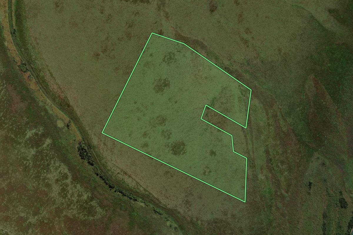 Imagem de satélite do imóvel rural em São Jorge do Patrocínio (PR), com o contorno declarado no CAR desenhado por cima.