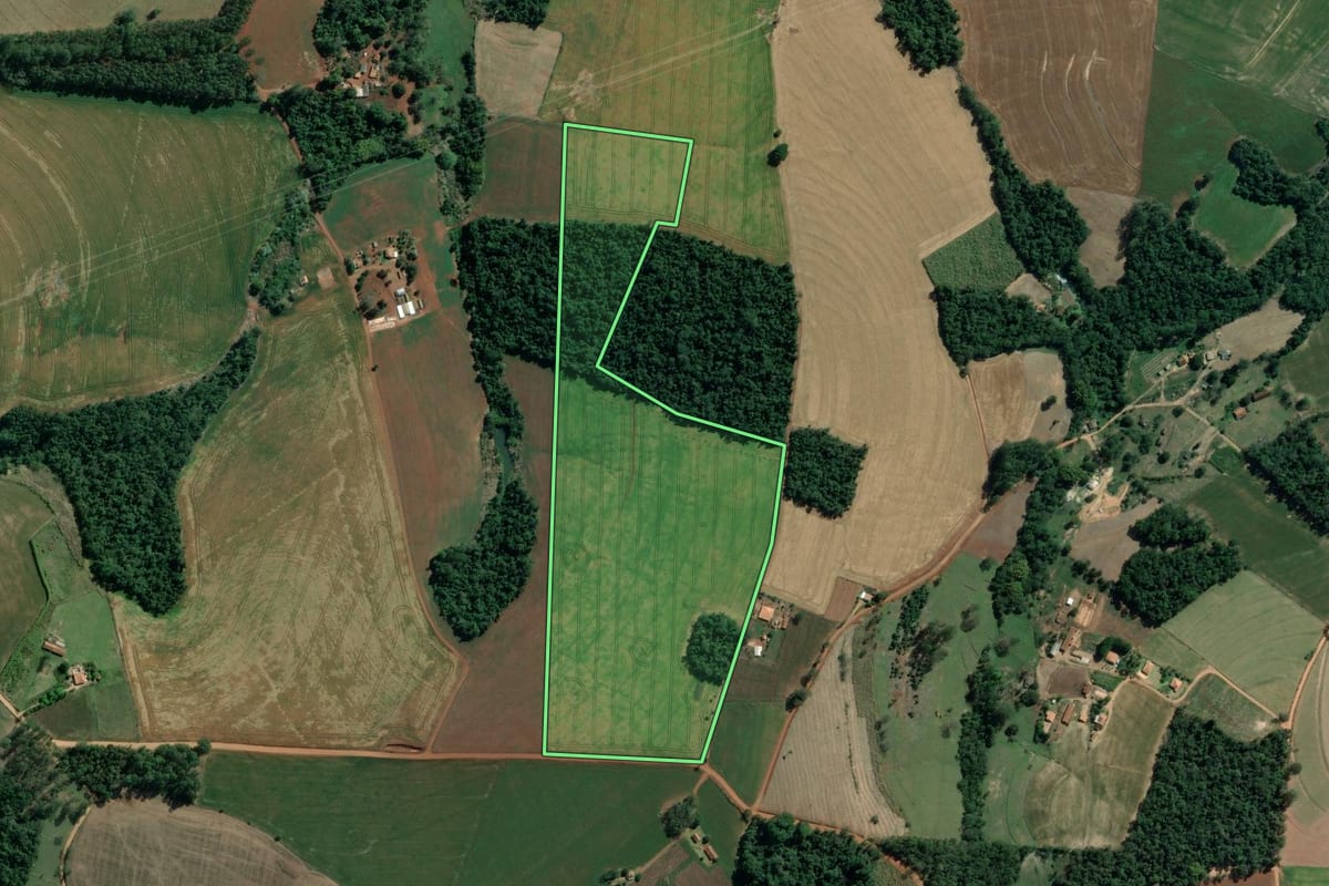 Imagem de satélite do imóvel rural em São José da Boa Vista (PR), com o contorno declarado no CAR desenhado por cima.