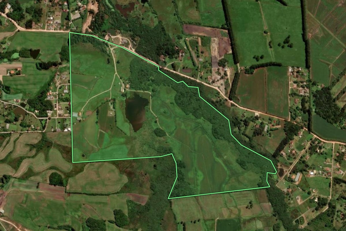 Imagem de satélite do imóvel rural em São José dos Pinhais (PR), com o contorno declarado no CAR desenhado por cima.