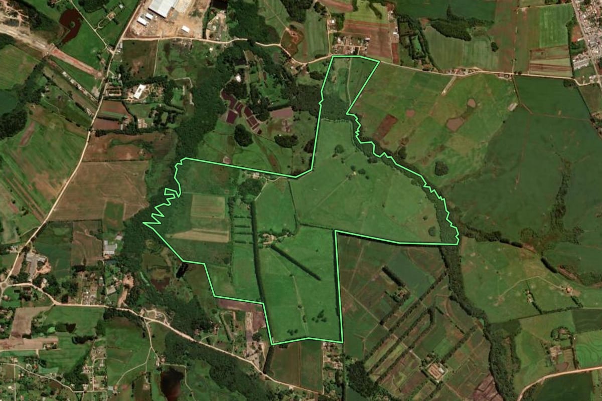 Imagem de satélite do imóvel rural em São José dos Pinhais (PR), com o contorno declarado no CAR desenhado por cima.