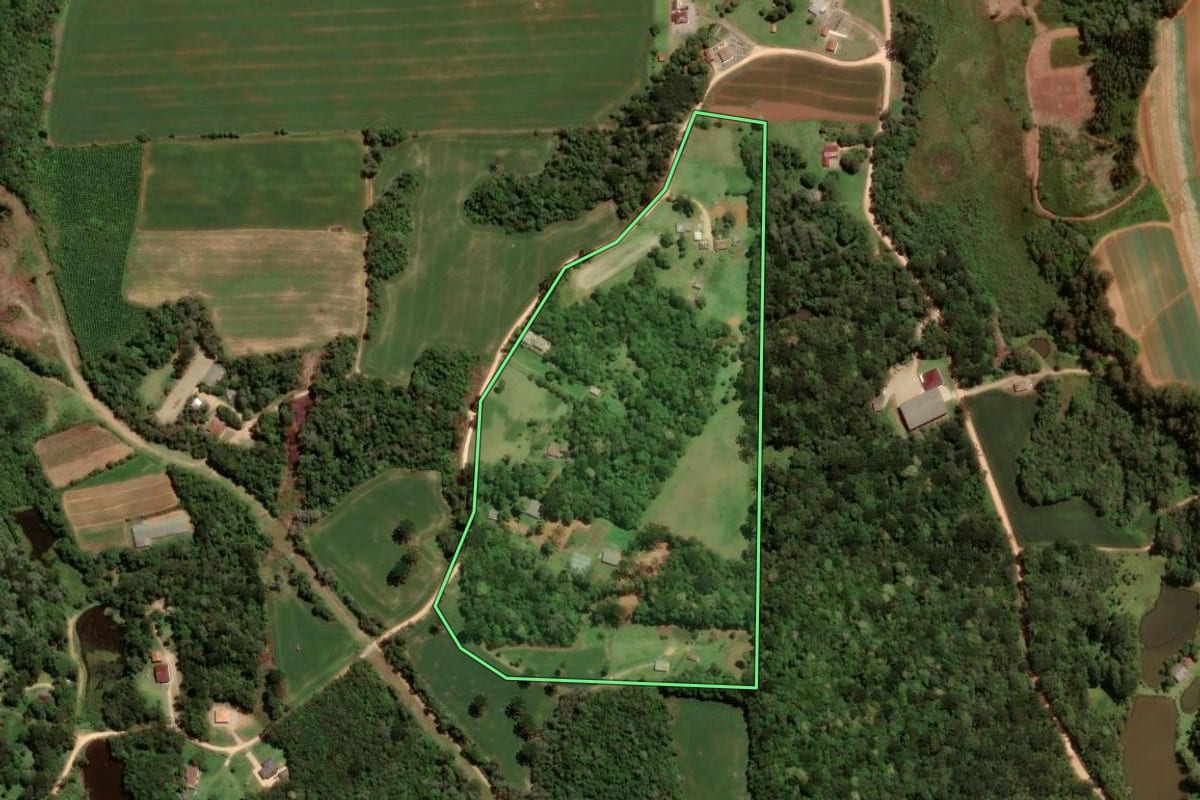 Imagem de satélite do imóvel rural em São José dos Pinhais (PR), com o contorno declarado no CAR desenhado por cima.