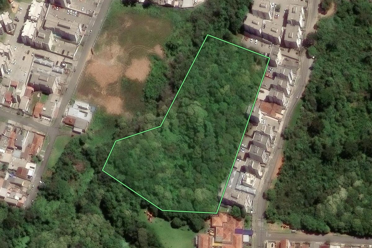 Imagem de satélite do imóvel rural em São José dos Pinhais (PR), com o contorno declarado no CAR desenhado por cima.