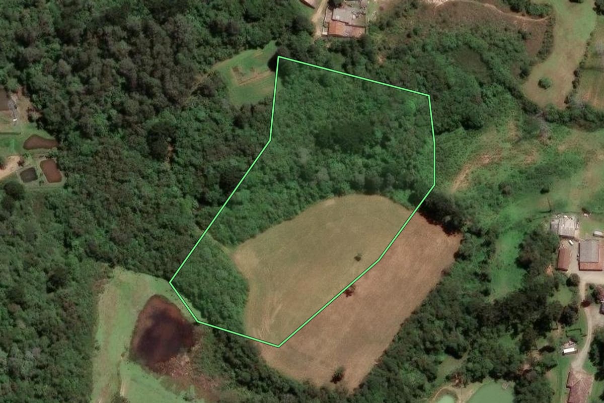 Imagem de satélite do imóvel rural em São José dos Pinhais (PR), com o contorno declarado no CAR desenhado por cima.