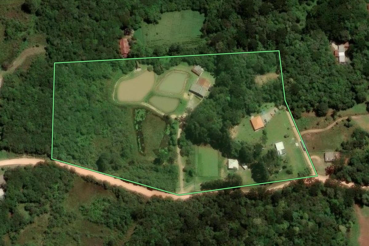 Imagem de satélite do imóvel rural em São José dos Pinhais (PR), com o contorno declarado no CAR desenhado por cima.