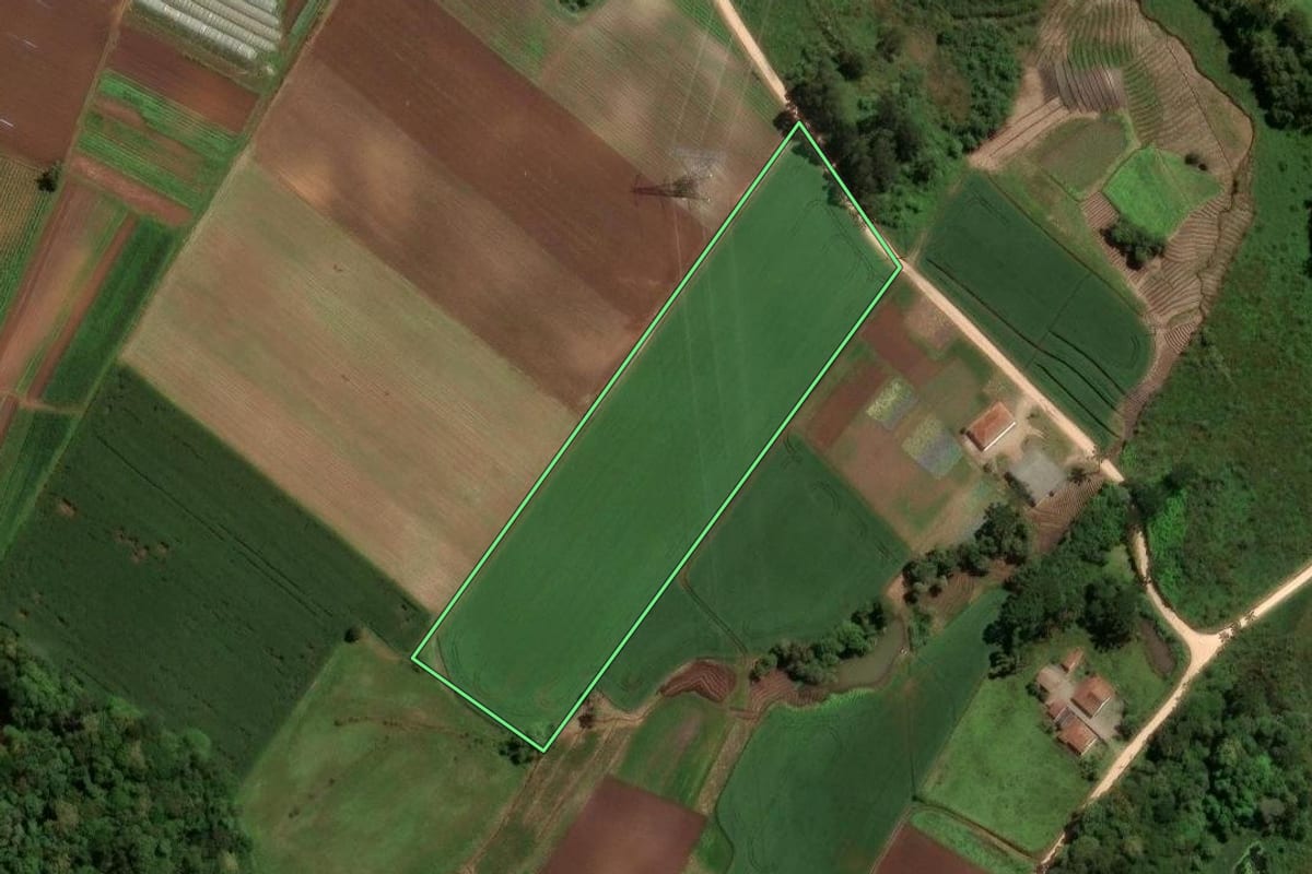 Imagem de satélite do imóvel rural em São José dos Pinhais (PR), com o contorno declarado no CAR desenhado por cima.