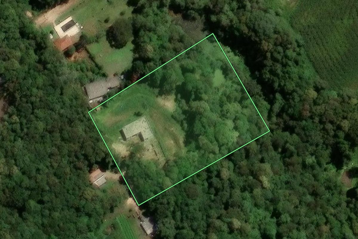 Imagem de satélite do imóvel rural em São José dos Pinhais (PR), com o contorno declarado no CAR desenhado por cima.