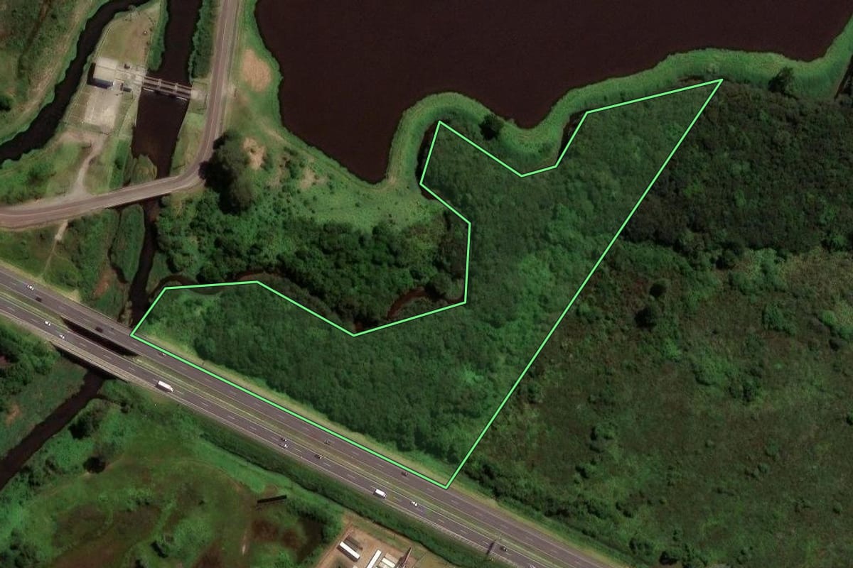 Imagem de satélite do imóvel rural em São José dos Pinhais (PR), com o contorno declarado no CAR desenhado por cima.