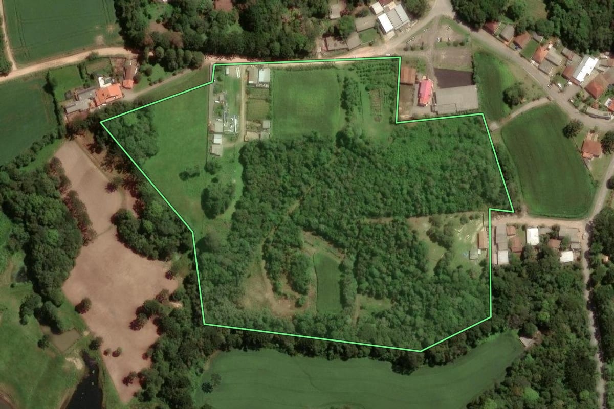 Imagem de satélite do imóvel rural em São José dos Pinhais (PR), com o contorno declarado no CAR desenhado por cima.
