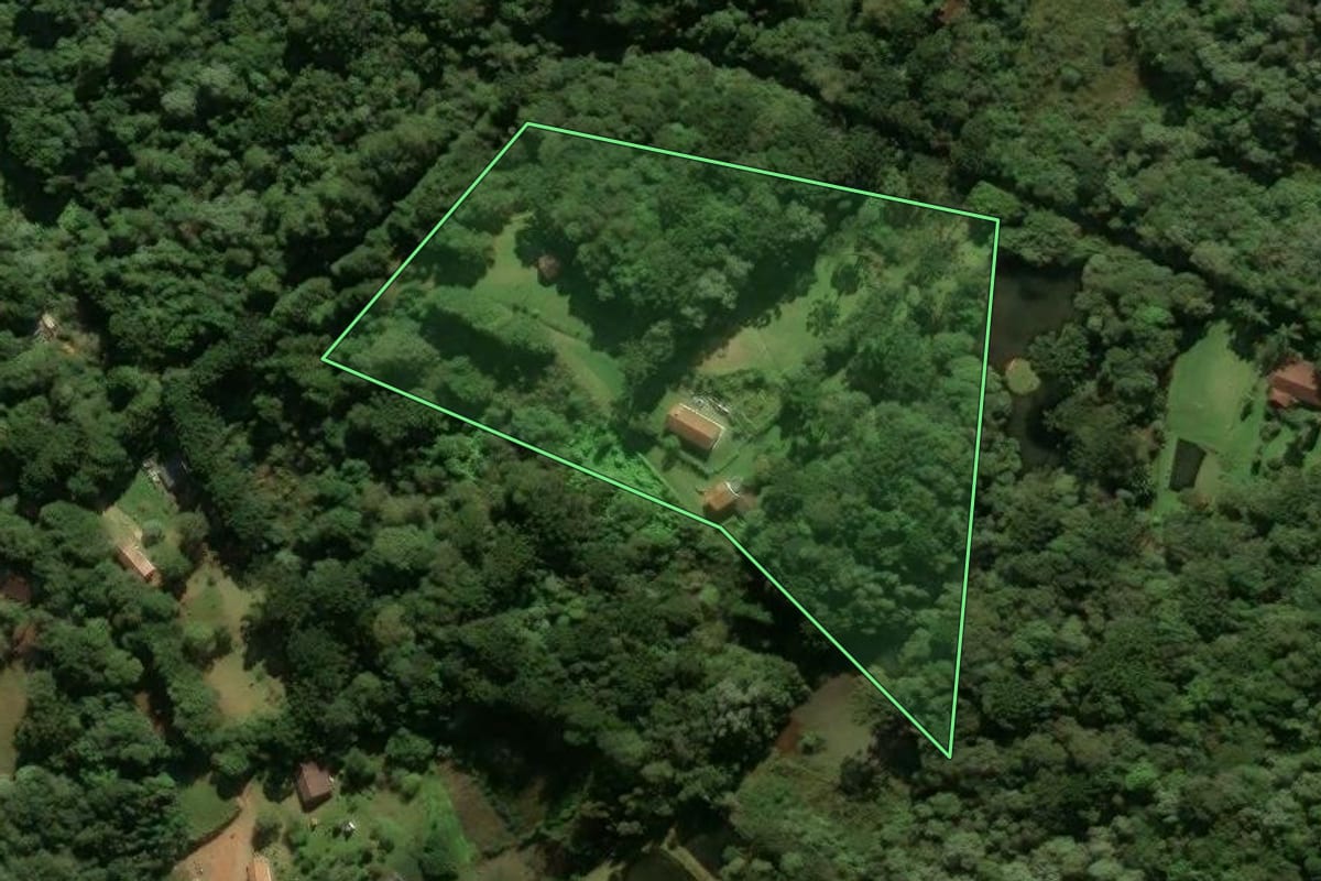 Imagem de satélite do imóvel rural em São José dos Pinhais (PR), com o contorno declarado no CAR desenhado por cima.