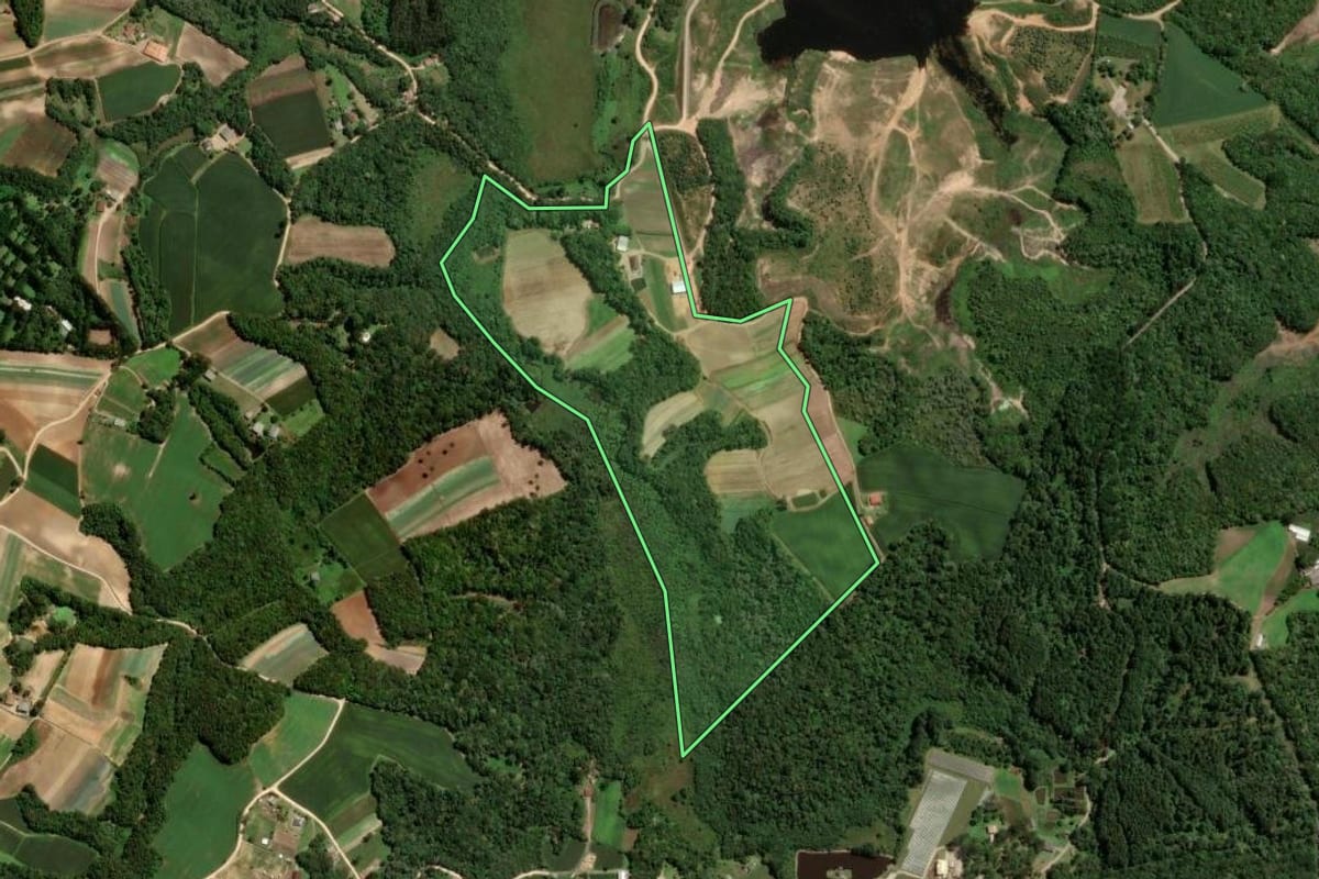 Imagem de satélite do imóvel rural em São José dos Pinhais (PR), com o contorno declarado no CAR desenhado por cima.