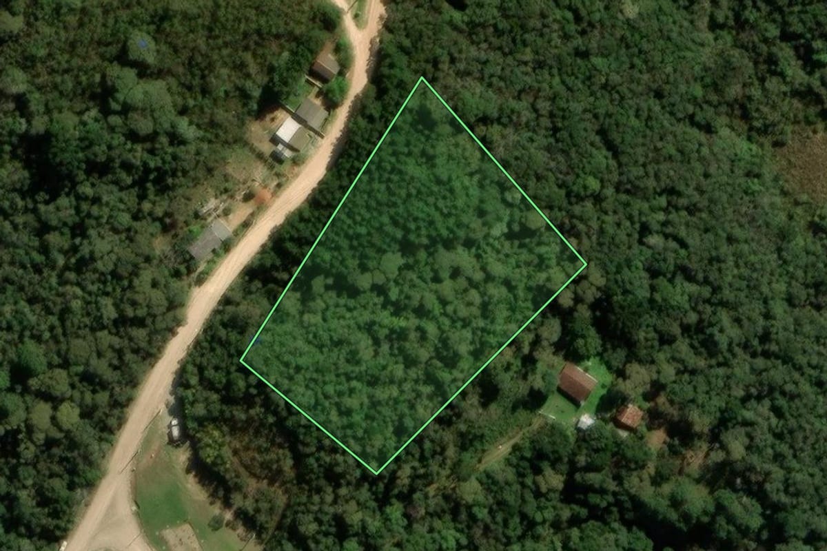 Imagem de satélite do imóvel rural em São José dos Pinhais (PR), com o contorno declarado no CAR desenhado por cima.