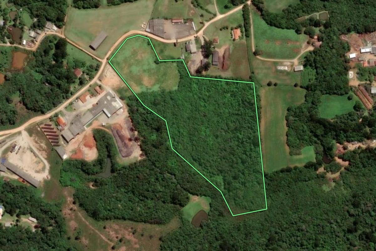 Imagem de satélite do imóvel rural em São José dos Pinhais (PR), com o contorno declarado no CAR desenhado por cima.