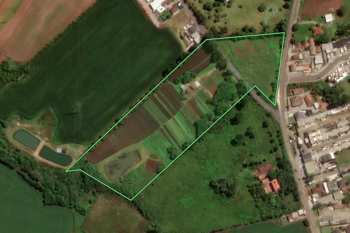 Imagem de satélite do imóvel rural em São José dos Pinhais (PR), com o contorno declarado no CAR desenhado por cima.