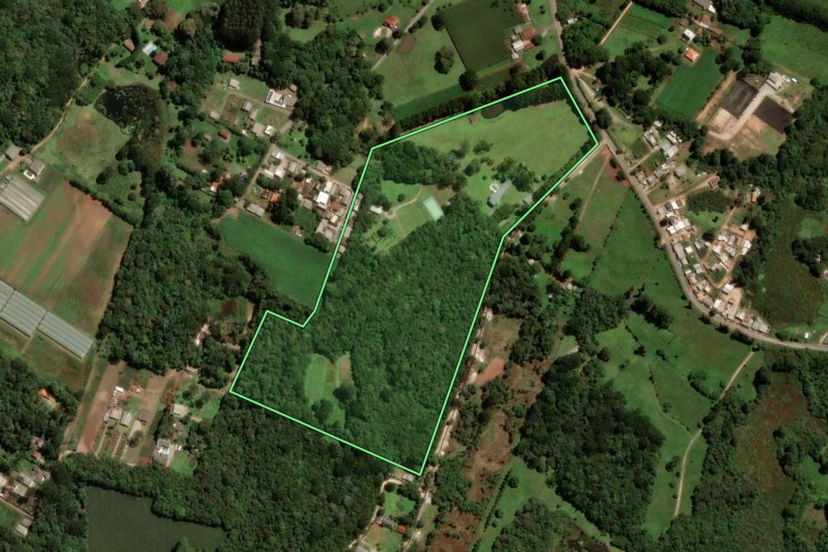 Imagem de satélite do imóvel rural em São José dos Pinhais (PR), com o contorno declarado no CAR desenhado por cima.