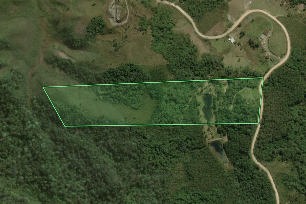 Imagem de satélite do imóvel rural em São José dos Pinhais (PR), com o contorno declarado no CAR desenhado por cima.