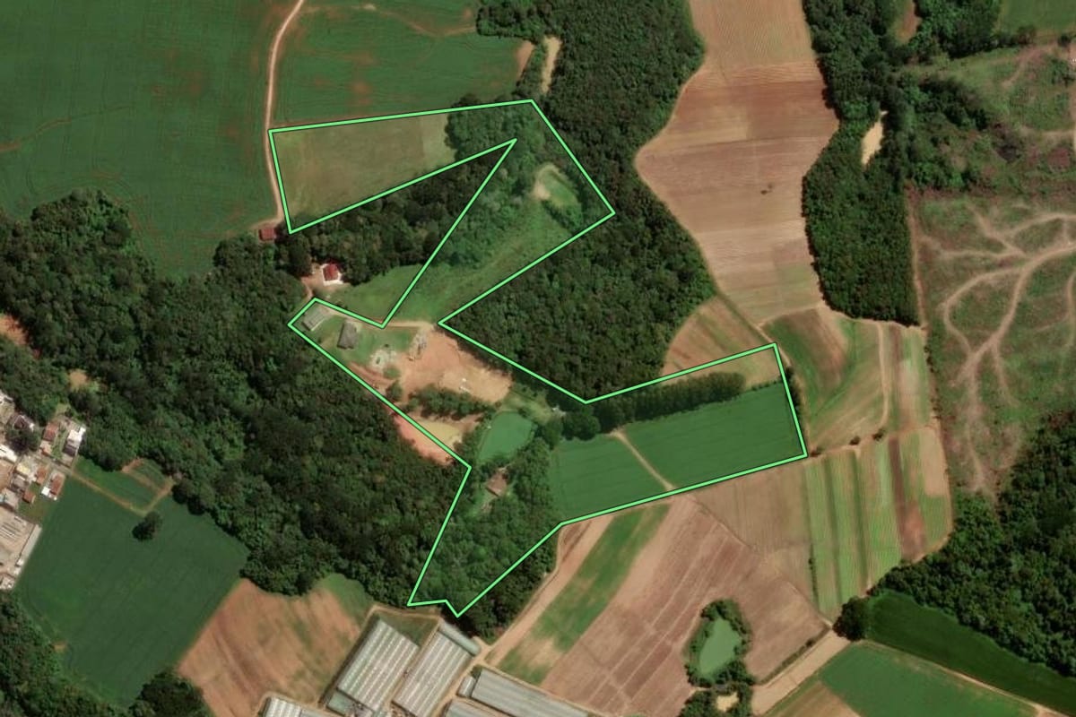 Imagem de satélite do imóvel rural em São José dos Pinhais (PR), com o contorno declarado no CAR desenhado por cima.