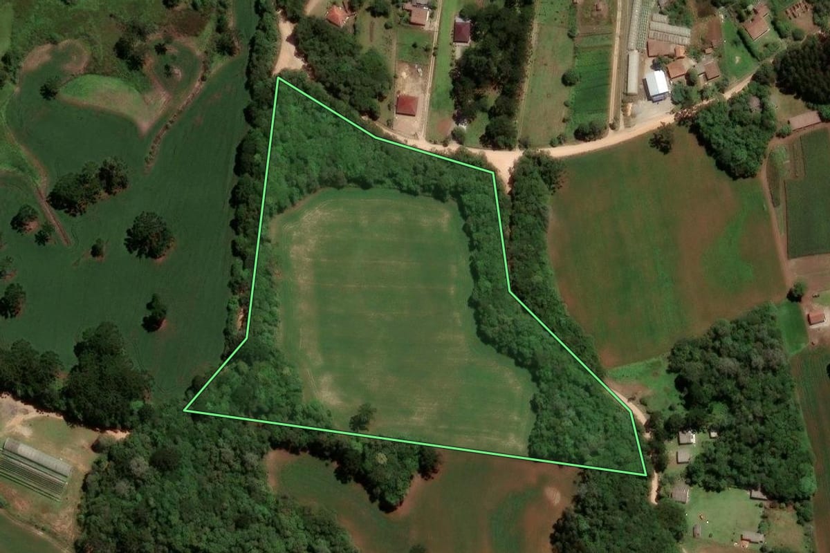 Imagem de satélite do imóvel rural em São José dos Pinhais (PR), com o contorno declarado no CAR desenhado por cima.